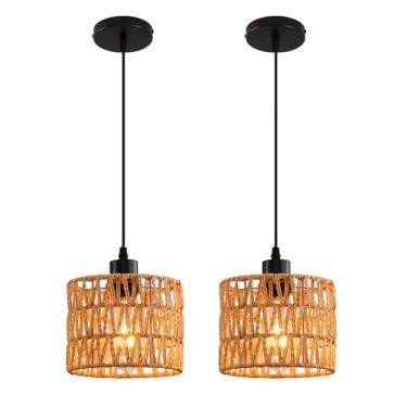 Imagem de Lustre pendente de tecido, lustre boho, luzes pendentes de vime, ilha de cozinha, iluminação pendente de casa de fazenda com persiana de vime tecida à mão, lustre boho luminárias para pendurar no teto