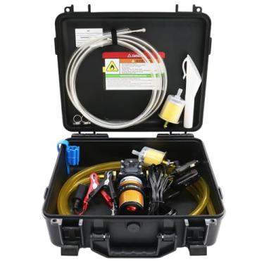 Imagem de Conjunto de bomba de transferência de combustível 12V 75W, bomba de transferência de gasolina se move até 110 galões de gás ou diesel por hora, com tubo de polia de chumbo patenteado, ótimo para