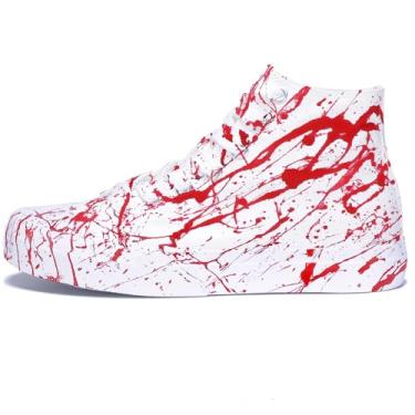 Imagem de GXZUORUI Tênis unissex de Halloween Horror Bloody Splatter masculino e feminino com cadarço clássico de cano alto casual para caminhada, Vermelho, 10.5 Wide Women/9.5 Wide Men
