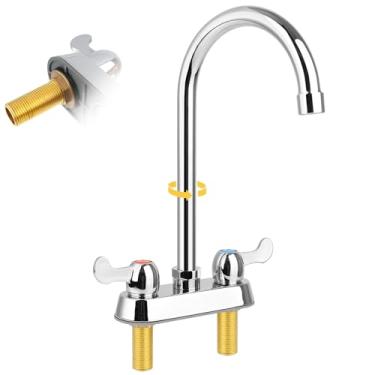 Imagem de KWODE Torneira de pia de barra comercial central de 10 cm, torneira de pia utilitária de montagem em deck de 2 furos com bico giratório pescoço de ganso de 15 cm e alças de alavanca dupla para pia de