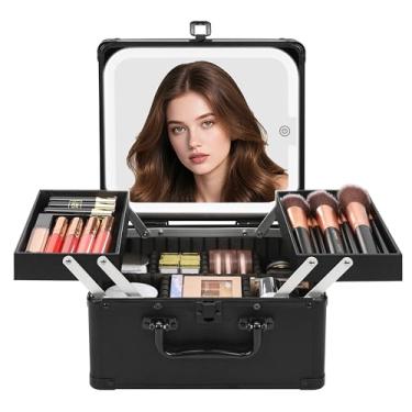 Imagem de Chomeiu Bolsa de maquiagem com espelho, estojo de trem de viagem grande organizador de cosméticos com 2 bandejas e espelho de vaidade com luzes de LED, porta-pincéis, caixa de armazenamento para kits