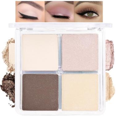 Imagem de 4 cores bege nude marrom rosa amarelo sombra pó paleta de maquiagem, neutro viagem fosco brilho creme quadspaleta de sombras para mulheres altamente pigmentada à prova d'água, paleta de sombras de