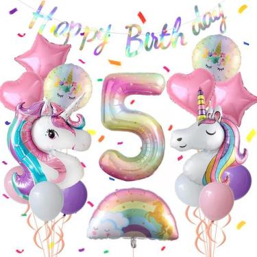 Imagem de Conjunto de decorações de festa Unicorn 5th Birthday Girl Purple Pink 