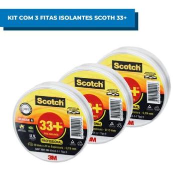 Imagem de Kit 3 Fita Isolante Scotch 33+ 19mm x 20m 3M Uso Profissional Residenc