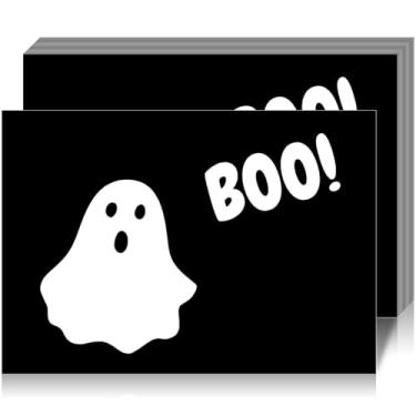 Imagem de Chengu 100 peças de jogo americano de papel de Halloween preto Ghost Boo descartáveis 35,5 x 25,4 cm, tapetes de mesa de festa para cozinha, jantar, casa, artigos de festa de Halloween
