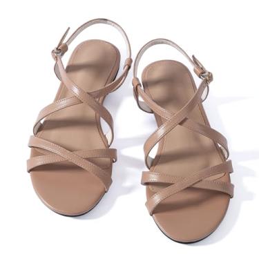 Imagem de Mtzyoa Sandálias rasteiras femininas gladiador de verão ajustável no tornozelo tiras elegantes cruzadas férias conforto amortecimento couro antiderrapante casual festa moderna, Nude PU, 36
