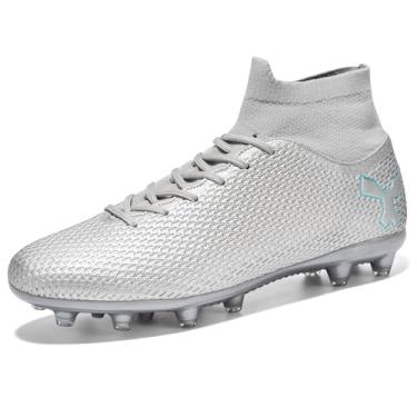 Imagem de Chuteiras de futebol masculinas, chuteiras de futebol para meninos grandes, cano alto, tênis para treinamento profissional, grama, uso interno e externo, Prata, 41