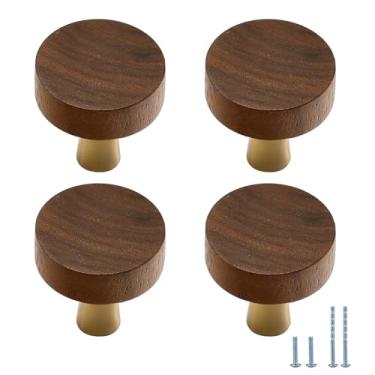 Imagem de Evionlin 4 ganchos de parede redondos de latão e nogueira, puxadores de porta de armário, puxadores de armário de cozinha ou puxadores de gaveta, adequados para armários e banheiros