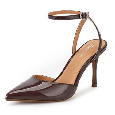 Imagem de Salto alto de bico fechado para casamento, salto agulha alto para mulheres, 8,3 cm, tira no tornozelo, bico fino, Patente marrom, 36