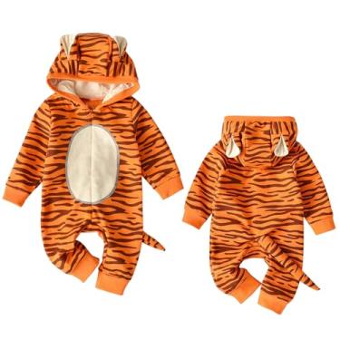 Imagem de AGQT Bebês meninos meninas fantasia de tigre desenho 3D animal roupas de halloween macacão de uma peça moletom com capuz carnaval vestido cosplay (laranja, 12-18 meses)