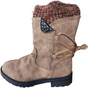 Imagem de Botas femininas de cano curto com bico redondo para neve moda feminina com cadarço salto baixo botas curtas com zíper lateral botas quentes de camurça antiderrapante, Cáqui, 9.5