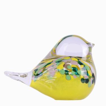 Imagem de DOVDOV Estátua de pássaro de vidro soprado à mão, decoração de pássaros de arte moderna, colecionável de peso de papel de vidro amarelo, ideal para decoração de quarto/sala de estar/escritório