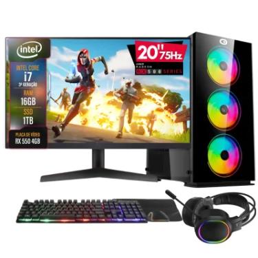 Imagem de PC Gamer Completo 2eletro Go, Intel Core i7, 16gb Ram, Radeon Rx 4gb, SSD 1TB, 500w 80 Plus, Monitor 20" 75hz, Kit Gamer Com Headset - Pg2e-LED1016go