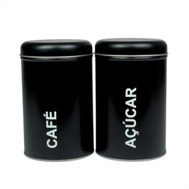 Imagem de Jogo Potes Mantimentos Organizador Lata Metal Açucar Café Porta Alimentos 2 Unidades Preto