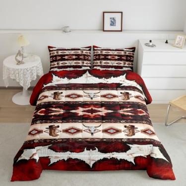 Imagem de Feelyou Conjunto de edredom asteca ocidental king size com estampa de caveira de vaca retrô de pele de cowboy, botas, edredom boêmio, rústico, casa de fazenda, decoração de quarto, geométrico, exótico