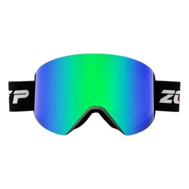 Imagem de YMTSGEQ Óculos de esqui OTG, óculos de neve sem moldura para homens e mulheres, lentes magnéticas intercambiáveis, 100% de proteção UV (armação preta com alça preta - lente verde Revo (VLT 23%))