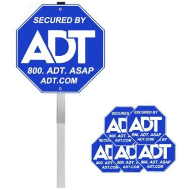 Imagem de 1 pacote com placa de segurança ADT e 5 adesivos de janela, placa de alumínio de 25,4 cm x 25,4 cm com estaca de metal de 71 cm, ADT YardSign para segurança doméstica, sinal de aviso refletivo