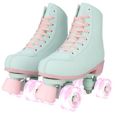 Imagem de XUDREZ Patins para meninas e mulheres, patins de couro PU verde claro para ambientes internos e externos com rodas de luz rosa para crianças, meninas de 6 a 12 anos (33-jovens 2)