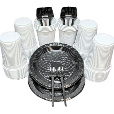 Imagem de Kit 300 Itens Festa Aniversário Descartáveis Plástico Colorido Perolado 100 Pessoas Completo Pratinho Garfinhos Copos (Branco Preto)