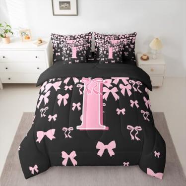 Imagem de jejeloiu Conjunto de edredom com laço fofo, 7 peças, solteiro, letra I, cama em uma bolsa, para crianças, meninos, meninas, preto, rosa, coquete, decoração de quarto, respirável, macio