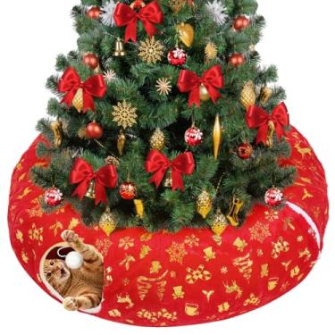 Imagem de Saia para árvore de Natal em túnel para gatos – Cama de rosquinha vermelha e dourada para gatos, protetor de árvore de Natal para gatos, acessórios para presentes de Natal