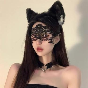 Imagem de Conjunto de 3 peças de fantasia de baile de máscaras de renda para mulheres, faixa de orelha de gato, máscara de renda, gargantilha de coração, acessórios de festa gótica, One Size, Metal, Sem pedras