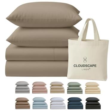 Imagem de Cloud Scape Linen Conjunto de lençóis 100% algodão egípcio, 400 fios, macio, durável e respirável, bolso profundo de até 40,6 cm, cinza-acastanhado