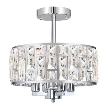 Imagem de Qcazegy Luminária de teto de cristal cromado de 28,4 cm, 4 luzes, luminária de lustre de montagem semiembutida com cristais K9 para quarto, cozinha, sala de jantar, banheiro, corredor, entrada