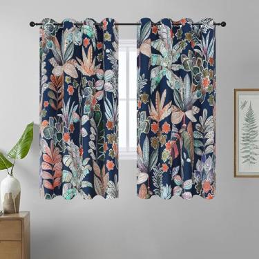 Imagem de Estelar Textiler Cortinas blackout com padrão de folhas e pétalas 160 cm de comprimento, cortinas escurecidas com isolamento térmico para quarto ou sala de jantar, 132 x 163 cm (2 painéis), azul