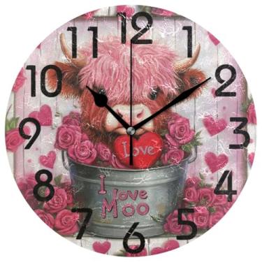 Imagem de ZzWwR Relógio de parede redondo bonito de 25,4 cm, linda vaca Highland em corações balde rosa operado por bateria analógico silencioso sem tique-taque relógio de mesa para casa/cozinha/sala de estar