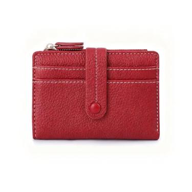 Imagem de Carteira feminina pequena, dobrável, de couro com bloqueio de RFID, porta-moedas com janela para identidade e porta-cartão de crédito, Vermelho, liso