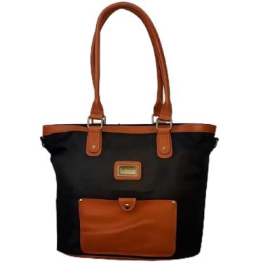 Imagem de Bolsa Feminina Dupla em Nylon e Couro Sintético, Preta com Detalhes Marrom, 40x30x13cm, Conjunto com 2 Peças e Alça