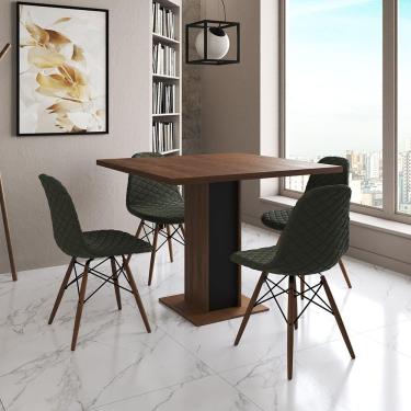 Imagem de Mesa Jantar Londres Quadrada Amêndoa 90Cm Base Preta 4 Cadeiras Eames Estofadas Verde Madeira