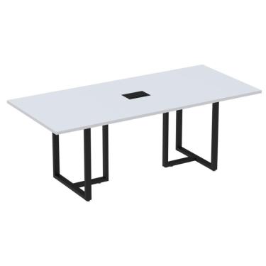 Imagem de Mesa De Reunião Com Caixa De Tomada Retangular 200 X 90 Cm Pé Tubular Pe25 Em Mdp Cinza Base Preta