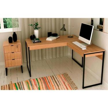 Imagem de Escritório Completo Industrial 1 Mesa De Canto Para Escritório, 1 Gaveteiro 2 Peças Amêndoa-preto