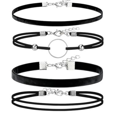 Imagem de Tondiamo Conjunto de 4 gargantilhas de veludo para mulheres, gargantilha ajustável, gótico punk, para presente de Natal, aniversário, joias, 0.24 inch/ 0.4 inch/ 0.6 inch/ 0.8 inch, veludo, Sem Pedra