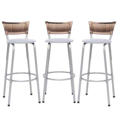 Imagem de Banqueta Altas Junco Cappuccino Estrutura Prata 70cm Para Balcão Cozinha, Bar, Bistrô, Americano Kit 03 Unidades - Itagold (Branco)