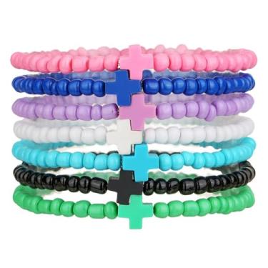 Imagem de 7 peças pulseiras empilháveis boêmias coloridas com contas cruzadas feitas à mão multicamadas de argila cruzada pulseiras de amizade para mulheres homens fé oração católica joias presentes, Medium
