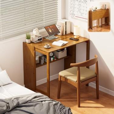 Imagem de Dezyfurni Mesa dobrável de bambu, mesas dobráveis para espaços pequenos, mesa de computador pequena de meados do século com estante para quarto, escritório em casa, marrom