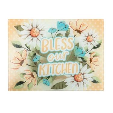 Imagem de Tábua de corte de vidro Divinity "Bless Our Kitchen" - Grande (39,6 cm x 29,8 cm) - Design de escritura e floral - Decoração de cozinha e presente de inauguração de casa