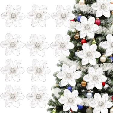 Imagem de Celltestria 10 peças de flores de magnólia de Natal brancas e prateadas para festas de fim de ano, decoração de vasos de casa, hastes de magnólia de veludo com glitter para decoração de guirlanda de