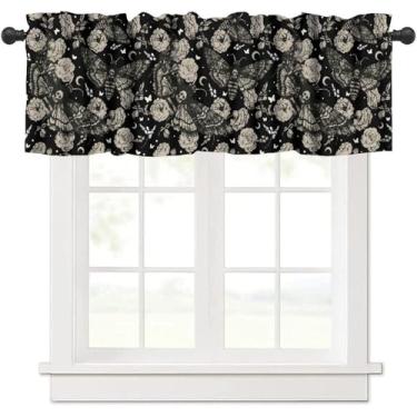 Imagem de BATPLY Cortinas de saia gótica, crânio preto escuro mariposa rosa floral lua borboleta padrão blackout decoração de casa tratamentos de janela curta cortinas para Halloween para quarto sala de estar