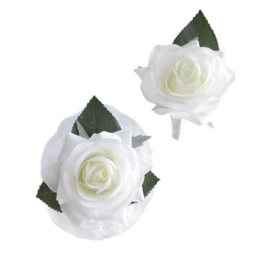 Imagem de JoyKnotique Conjunto de 2 peças de pulseira de corsage rosa marfim de toque real e flor na lapela para casamento branco acessórios de flores decorações de terno de formatura