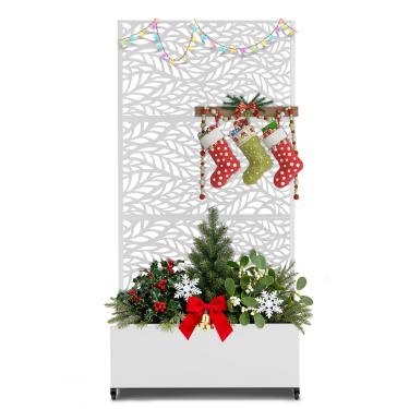 Imagem de FENCY Canteiro de jardim elevado de metal com rodas e treliça, caixa de plantador para plantas trepadeiras, vegetais e videiras, possui tela de privacidade e orifícios de drenagem (folha branca)