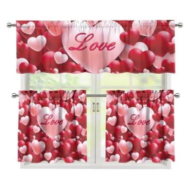 Imagem de Jeiento Conjunto de 3 cortinas de cozinha Dia dos Namorados com filtro de luz Sweet Love Heart 91 cm de comprimento e bolso para varão de saia blackout janela drapeada