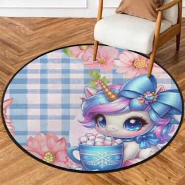 Imagem de Tapete redondo de 1,8 m azul unicórnio fofo macio tapete circular antiderrapante lavável tapete de porta para interior quarto berçário sala de estar cozinha banheiro entrada casa tapete decoração