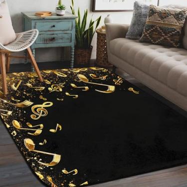 Imagem de Tapete de área para sala de estar, lavável à máquina, notas, música, dourado, antiderrapante, tapete macio, para sala de estar, quarto, sala de jantar, berçário, cozinha, decoração de casa