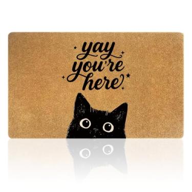Imagem de Uilatyu Capacho para gatos Yay You're Here - Tapete de boas-vindas fofo para porta da frente ao ar livre, tapete de entrada antiderrapante divertido para todos os climas, 76 x 43 cm