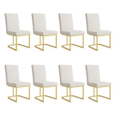 Imagem de Kit 08 Cadeiras De Jantar Estofada Siena Linho Bege Base De Ferro Dourada - Pallazio
