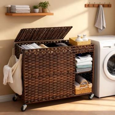 Imagem de Heybly Cesto de roupa suja com tampa, cesto de roupa de vime sintético de vime de vime 180L com rodas, organizador de armazenamento de 3 seções tecido à mão com forro removível (47,6 gal), forro